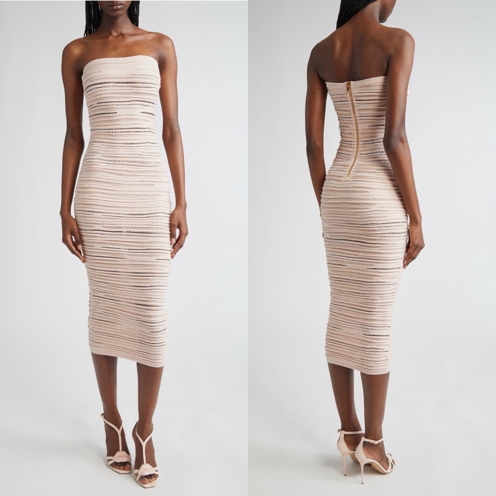 🖤SOLD🖤 NWT Balmain Textured Stripe Strapless Knit Body-Con Dress BEIGE MULTI